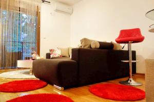 a living room with a black couch and red rugs at Stella Apartments in Vrnjačka Banja