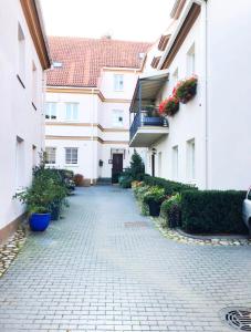 una pasarela de ladrillo entre dos edificios con plantas floridas en Luxury old town apartment, en Vilna