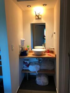 a bathroom with a sink and a mirror at Departamento Cipres Villa Huapi Bariloche in San Carlos de Bariloche