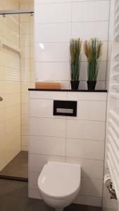 a bathroom with a toilet and two potted plants at Osborg State in Buren