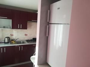 a white refrigerator in a kitchen with brown cabinets at Anastasia in Truskavets