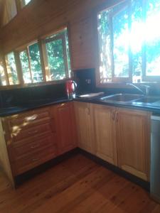 a kitchen with wooden cabinets and a sink and windows at Mango Cottage in Horseshoe Bay