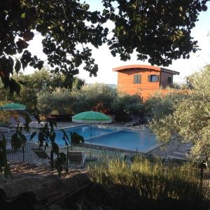 une piscine avec deux parasols verts et un bâtiment dans l'établissement Roulottes et Cabanes de Saint Cerice, à Vogüé