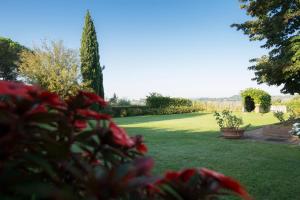 un giardino con erba verde e fiori rossi di Borgo Villa Risi a Siena