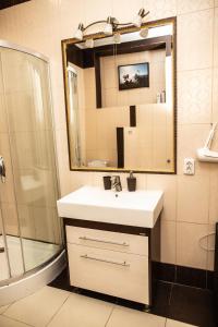 リヴィウにあるТеатральна#Ilike#の洗面台、鏡、シャワー付きのバスルーム