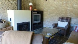 a living room with a fireplace and a tv at Finca El Zurrador in Fuenteheridos