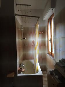 a bathroom with a bath tub with a mirror at La casa di Ale. Foligno in Colfiorito