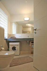 Un baño con inodoro y lavadora. en Haus Pamir - Ferienwohnungen, en Ostseebad Nienhagen 217 fotos más