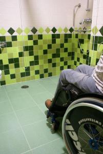 a person in a wheelchair in a bathroom with a shower at Hotel Sierra Luz in Cortegana