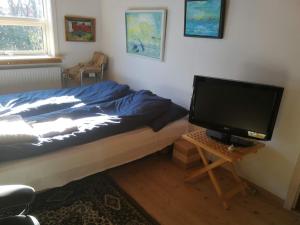 a bedroom with a bed and a computer monitor on a table at Woody B&B in Jelling