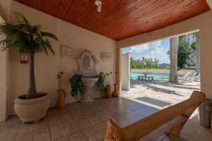 a living room with a palm tree and a pool at Iguassu Flats Hotel in Foz do Igua&ccedil;u