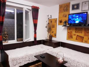 a living room with a couch and a large window at Apartment Shesti Uchastak in Gabrovo