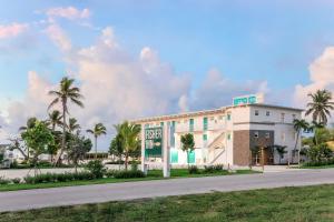 a building with palm trees in front of a road at Fisher Inn Resort & Marina in Islamorada