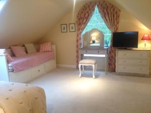 a bedroom with a bed and a desk with a mirror at Chalkcroft lodge in Andover