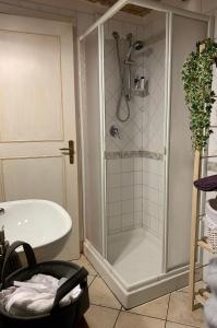 a bathroom with a shower and a white tub at Appartamento Via Alessi in Perugia