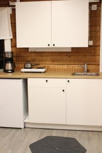 a kitchen with white cabinets and a sink at Villa Orohat 2 in Rovaniemi