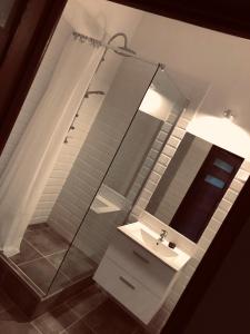 a bathroom with a shower and a sink and a mirror at Dworcowa - Apartament in Bydgoszcz