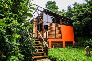 ein orangenes Haus mit Treppen im Gras in der Unterkunft Casa Higueron in Monteverde Costa Rica