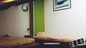 duas camas num quarto com paredes verdes em h2oholidays - auberge de jeunesse - youth hostel em Capbreton