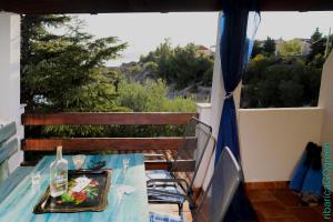a table with a tray of food on a balcony at Ribarica GO green in Ribarica