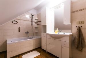 ein Badezimmer mit einem Waschbecken, einer Badewanne und einer Dusche in der Unterkunft Pod Bieszczadem in Jaśliska