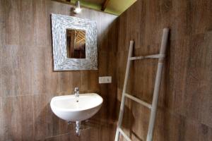 a bathroom with a sink and a mirror on the wall at Jungle Joglo in Tampaksiring