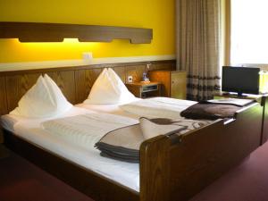 ein Schlafzimmer mit einem großen Bett und einem TV darauf in der Unterkunft Gästehaus Sagmeister in Bad Kleinkirchheim