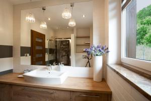 a bathroom with a sink and a vase of flowers at Apartamenty Home Sweet Home Na Górnej in Szklarska Poręba +19 photos