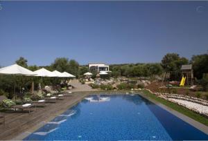 a pool with chairs and umbrellas in a resort at Villa Del Mar in Vasiliki