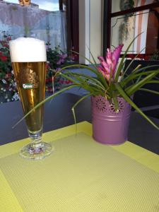 ein Glas Bier und eine Topfpflanze auf dem Tisch in der Unterkunft Dolomitenhotel Lienz in Lienz