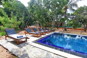 a row of lounge chairs next to a swimming pool at Dambulla Hills Resort in Dambulla