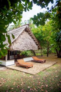 a group of benches and a hut with trees at Capricorn Beach Cottages in Pangani