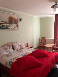 a bedroom with a bed with a red blanket at Casa cu pauni in Mărăcineni