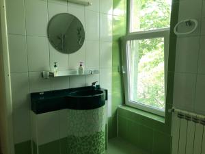 baño con lavabo, espejo y ventana en Pensiunea Catering Bio Concept SRL, en Mărăcineni