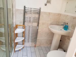 a bathroom with a shower and a sink and a toilet at The Old Albion at Plover Cottage Lindley in Huddersfield