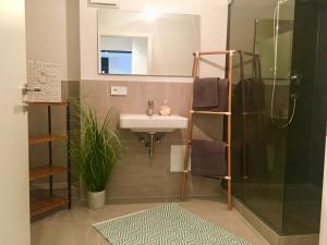 ein Bad mit einem Waschbecken und einer Dusche in der Unterkunft 5 Zimmer Loftstylewohnung in Bad Wörishofen in Bad Wörishofen