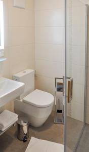 a white bathroom with a toilet and a shower at Simandlhof in Hitzendorf