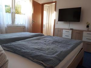 a bedroom with a bed and a flat screen tv at Gästewohnung Leinetal in Alfeld