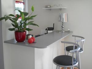a desk with a potted plant on a wall at STUDIO INDEPENDANT LA TURBIE in La Turbie