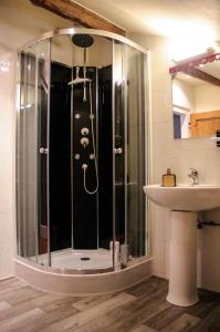 a shower in a bathroom with a sink at Au Coeur du Lapidaire in Septmoncel +96 photos
