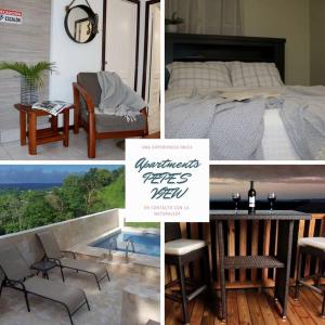 a collage of pictures of a room with a bed and a table at Apartments Pepe's VIEW - A in Aguada