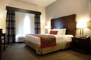um quarto de hotel com uma cama grande e uma janela em Ramada by Wyndham Moose Jaw em Moose Jaw