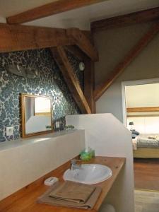 a bathroom with a sink and a mirror and a bed at Le Plateau de la Danse in Saint-Victor-sur-Loire