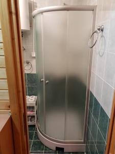 a shower with a glass door in a bathroom at Guest house Anka in Žabljak
