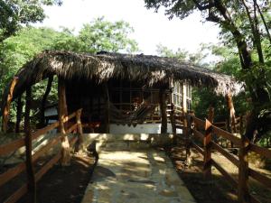 a hut with a thatched roof and a walkway at NuestraMadreTierra in La Esperanza