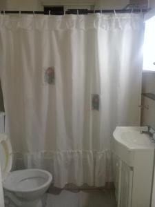 y baño con cortina de ducha blanca y aseo. en Residencia San Martín en Mar del Plata