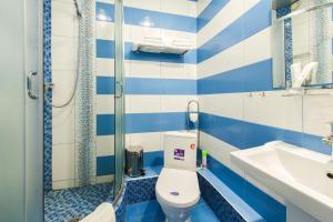 uma casa de banho azul e branca com um WC e um lavatório em Hotel 7 Dorog em Irkutsk