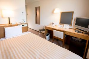 a hotel room with a bed and a desk with a television at Hashimoto Park Hotel in Sagamihara