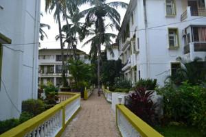 a walkway between buildings with palm trees and a building at BEAUTIFUL SPACIOUS STUDIO APT IN CANDOLIM with Wifi in Candolim