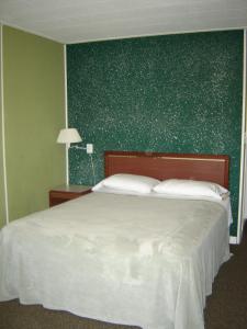 1 dormitorio con 1 cama grande y pared verde en Bali Hai Motel, en Yakima